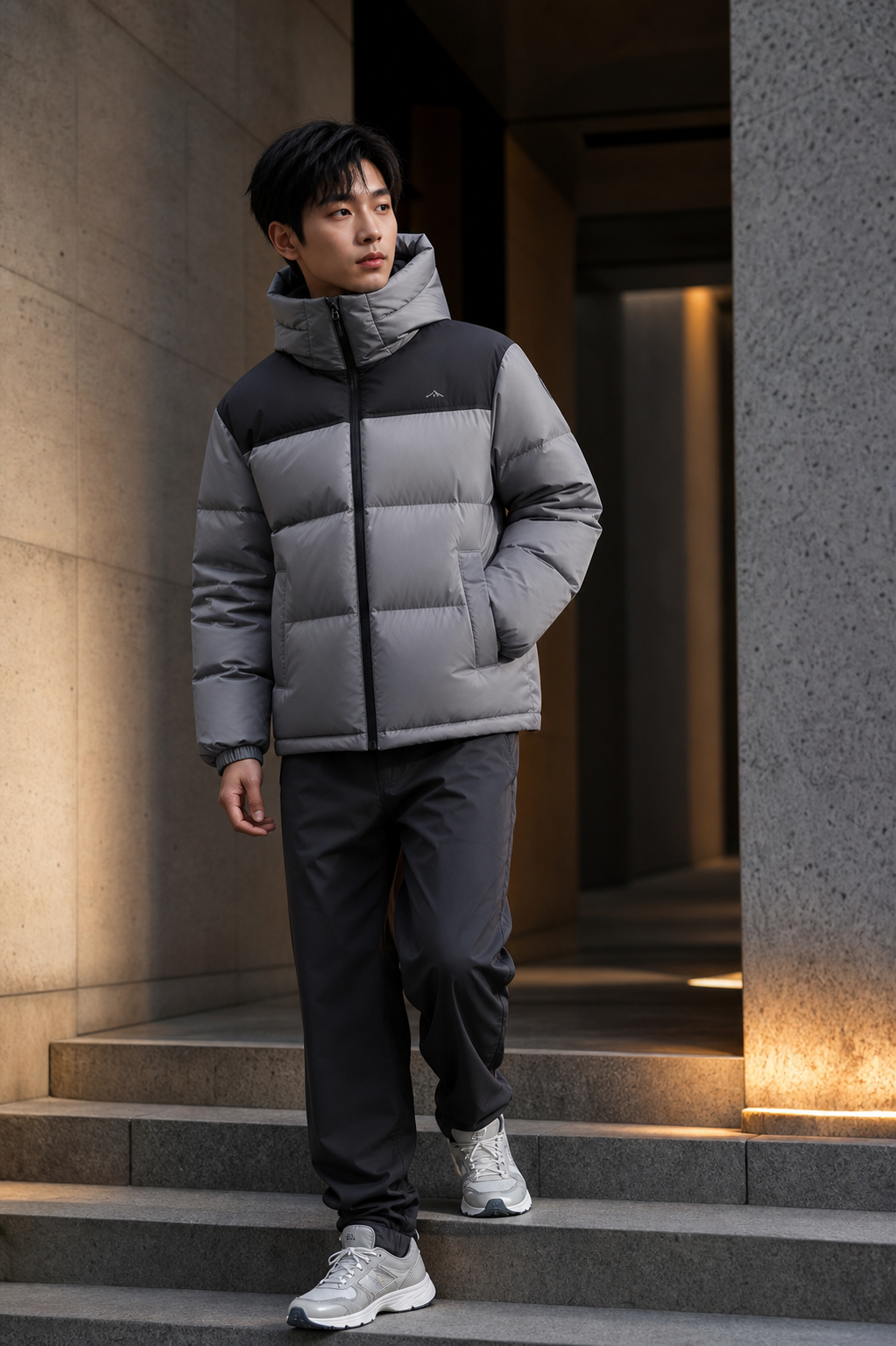 灰黑拼接短款羽绒服男装