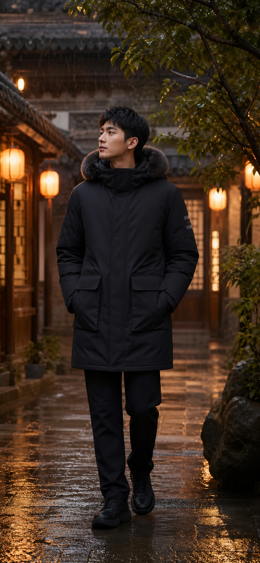 黑色毛领派克羽绒服男装