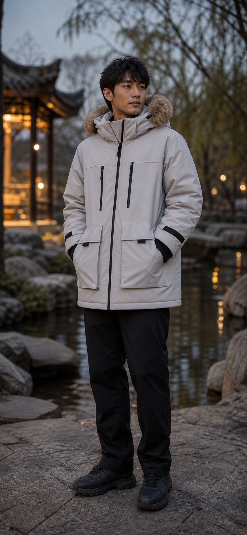 浅灰机能派克羽绒服男装