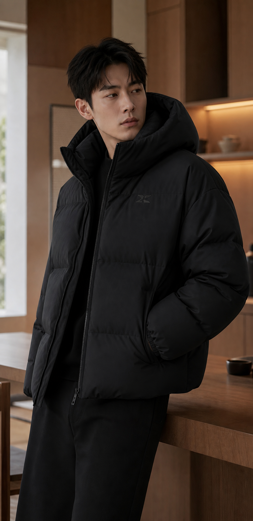 黑色短款连帽羽绒服男装