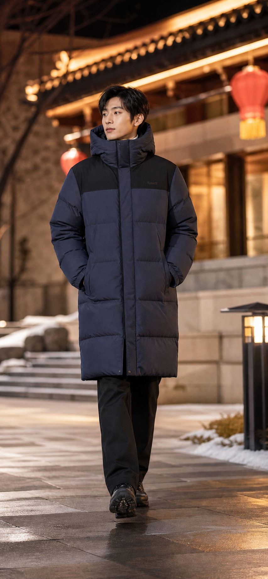 藏蓝拼色长款羽绒服男装