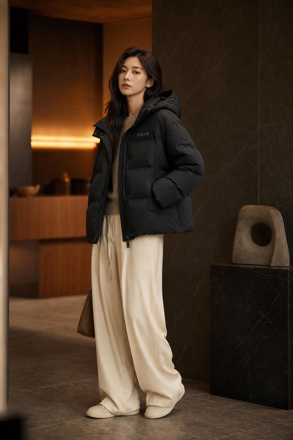 黑色短款连帽羽绒服女装