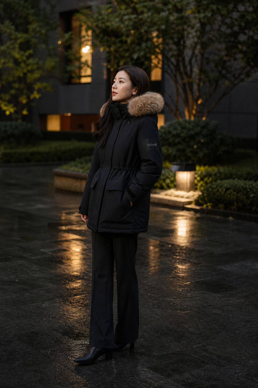 黑色毛领中长款羽绒派克女装