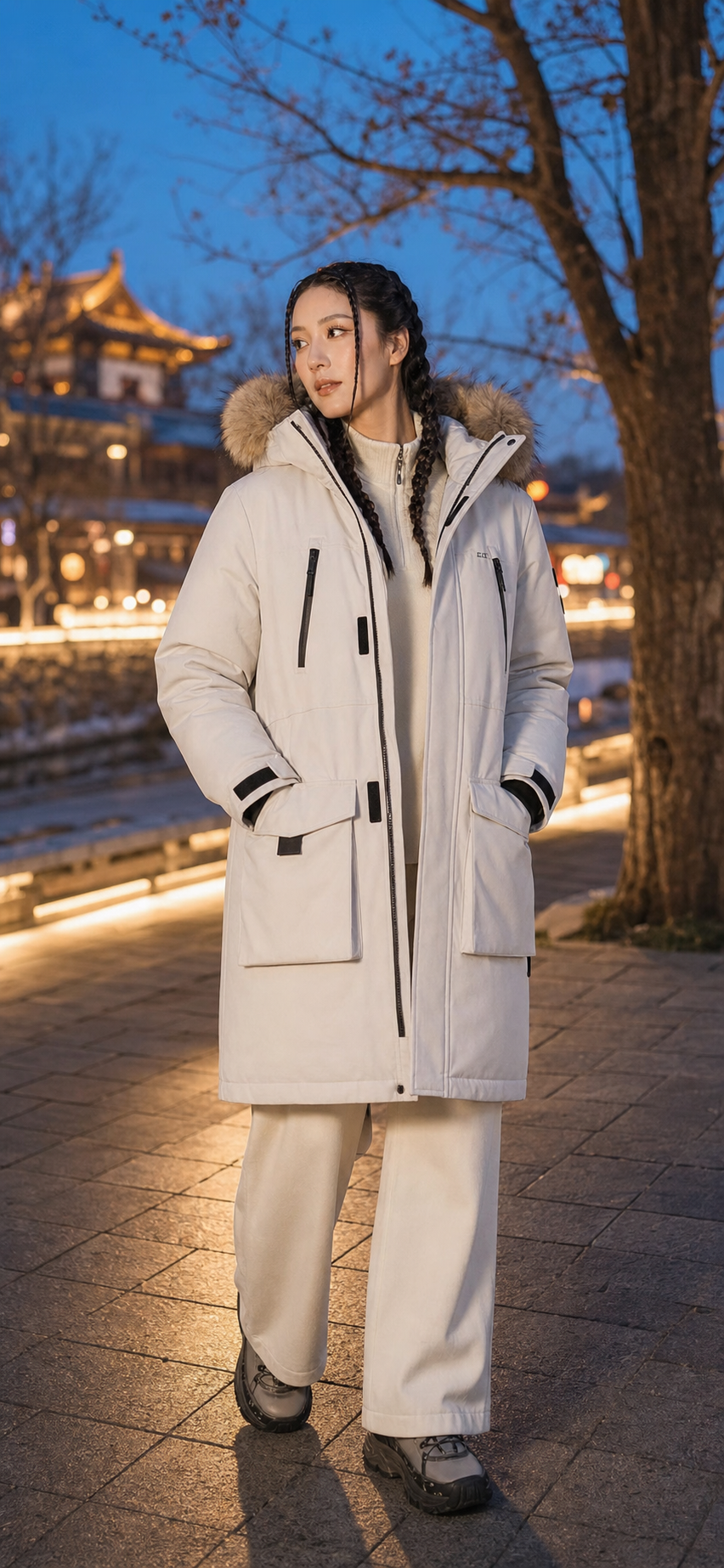霜灰色机能长派克女装
