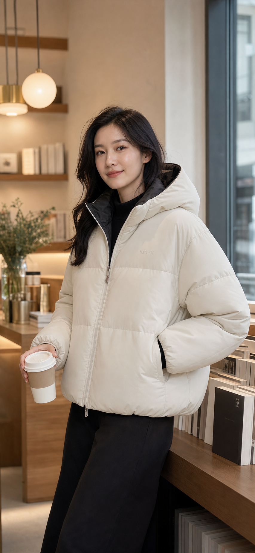 奶白色拼色短款羽绒服女装